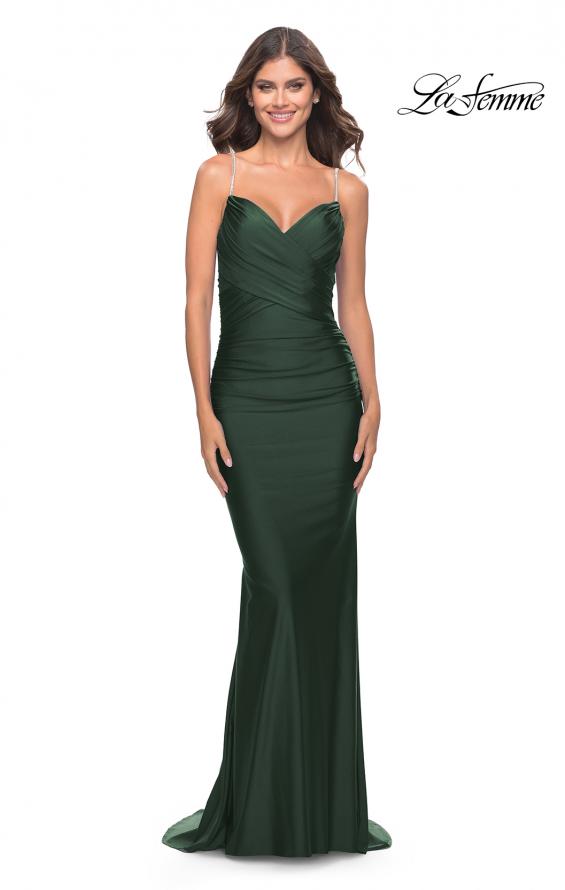 Picture of: Jersey Dress with Criss Cross Bodice and Jeweled Straps in Emerald, Style: 31109, Detail Picture 1