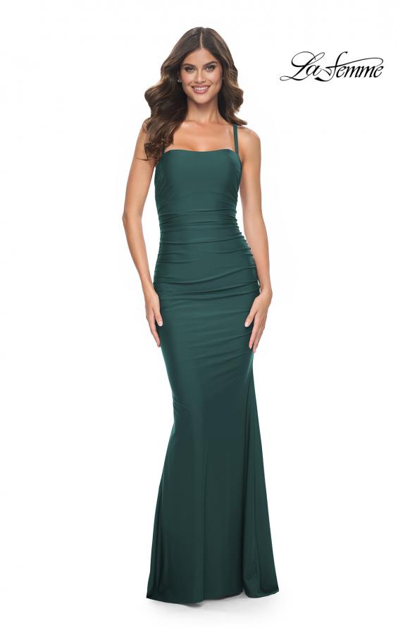 Picture of: Simple Ruched Jersey Dress with Lace Up Back in Emerald, Style: 31919, Detail Picture 1