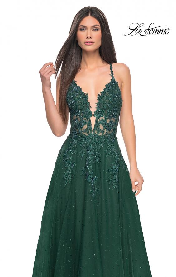 Picture of: Lace Embellished A-line Dress with Lace Up Back in Emerald, Style: 32147, Detail Picture 1