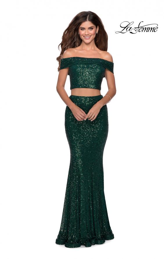 Picture of: Jewel Tone Off the Shoulder Two Piece Prom Dress in Emerald, Style: 28425, Detail Picture 2