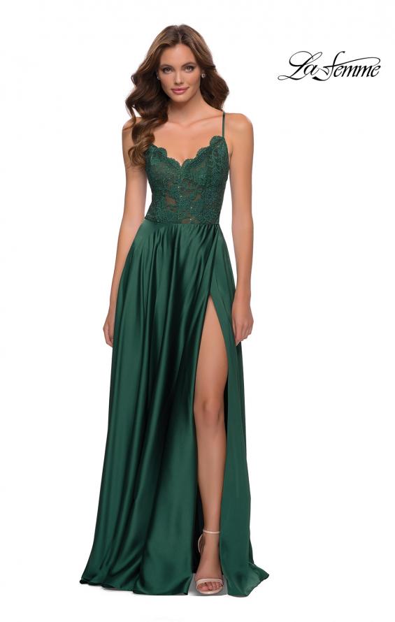Picture of: Satin and Lace Prom Dress with Sheer Bodice in Emerald, Style 29760, Detail Picture 2