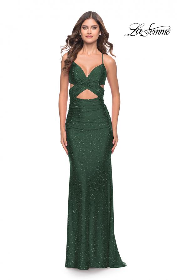 Picture of: Criss Cross Cut Out Rhinestone Jersey Dress in Emerald, Style: 31399, Detail Picture 2