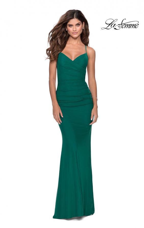 Picture of: Fitted Jersey Long Dress with Lace Up Back in Emerald, Style: 28541, Detail Picture 3