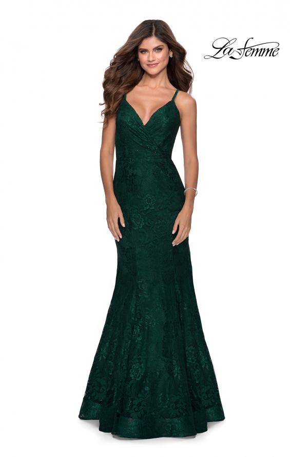 Picture of: Mermaid Lace Prom Dress with Faux Wrap Top in Emerald, Style: 28564, Detail Picture 3