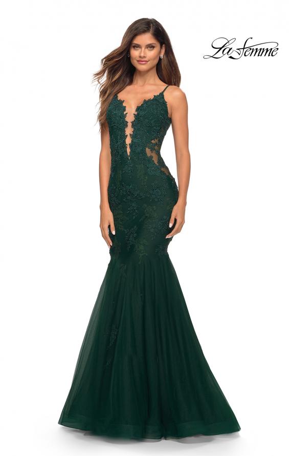 Picture of: Tulle and Lace Mermaid Gown in Jewel Tones in Emerald, Detail Picture 3