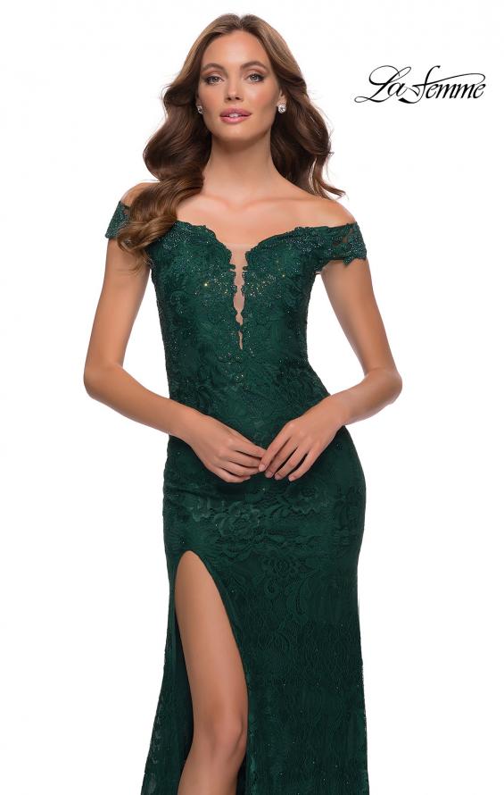 Picture of: Lace Off the Shoulder Gown with Deep V Neckline in Emerald, Style 29693, Detail Picture 3