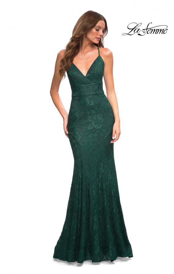 Picture of: Stretch Lace Gown with Flattering Seams at Waist in Emerald, Detail Picture 3