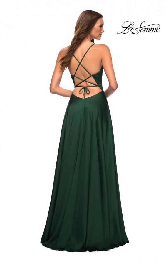 Picture of: Satin Jewel Tone Gown with Criss-Cross Ruched Top in Green, Style: 30512, Detail Picture 3