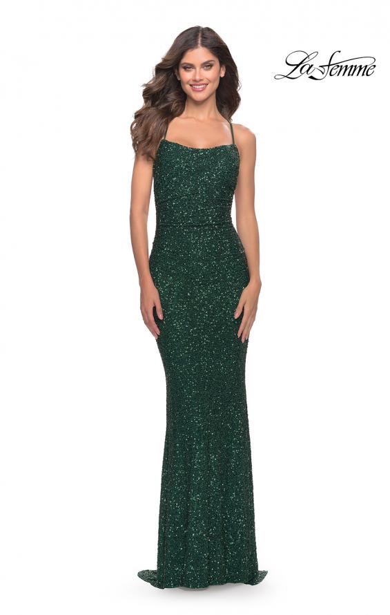 Picture of: Chic Soft Sequin Stretch Dress with Open Back in Jewel Tones in Emerald, Style: 31027, Detail Picture 3