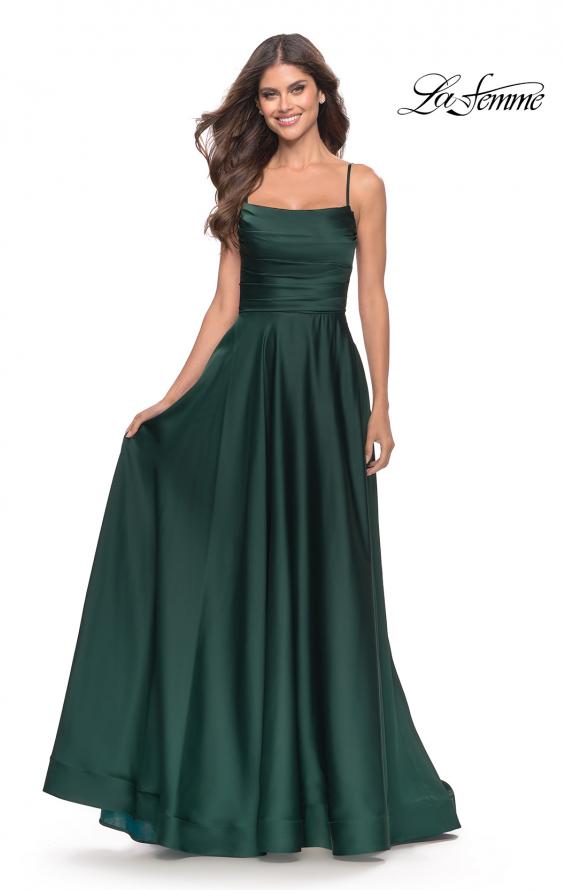 Picture of: A Line Satin Gown with Ruching and Square Neckline in Emerald, Style: 31105, Detail Picture 3
