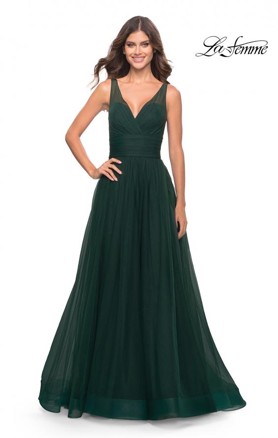 Picture of: Tulle Ball Gown with High Slit and V Neckline in Emerald, Style: 31149, Detail Picture 3