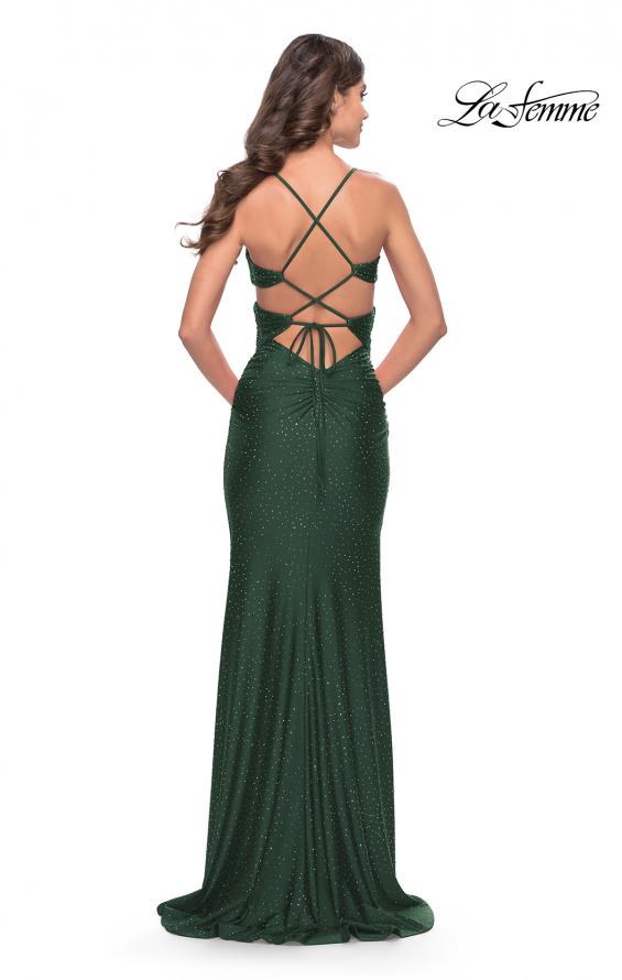 Picture of: Criss Cross Cut Out Rhinestone Jersey Dress in Emerald, Style: 31399, Detail Picture 3
