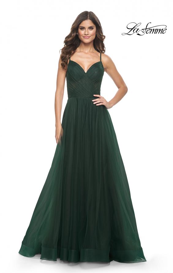 Picture of: Simple Tulle A-LIne Prom Dress with Ruched Illusion Bodice in Emerald, Style: 32130, Detail Picture 3