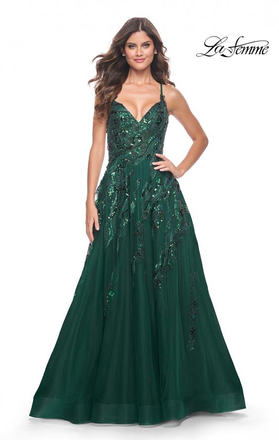 Picture of: Fabulous A-Line Gown Embellished with Sequin Beaded Applique in Jewel Tones in Emerald, Style: 32346, Detail Picture 3