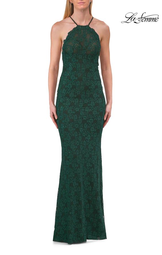 Picture of: Lace Prom Dress with Scalloped Neckline and Open Back in Emerald, Style: 33648, Detail Picture 3