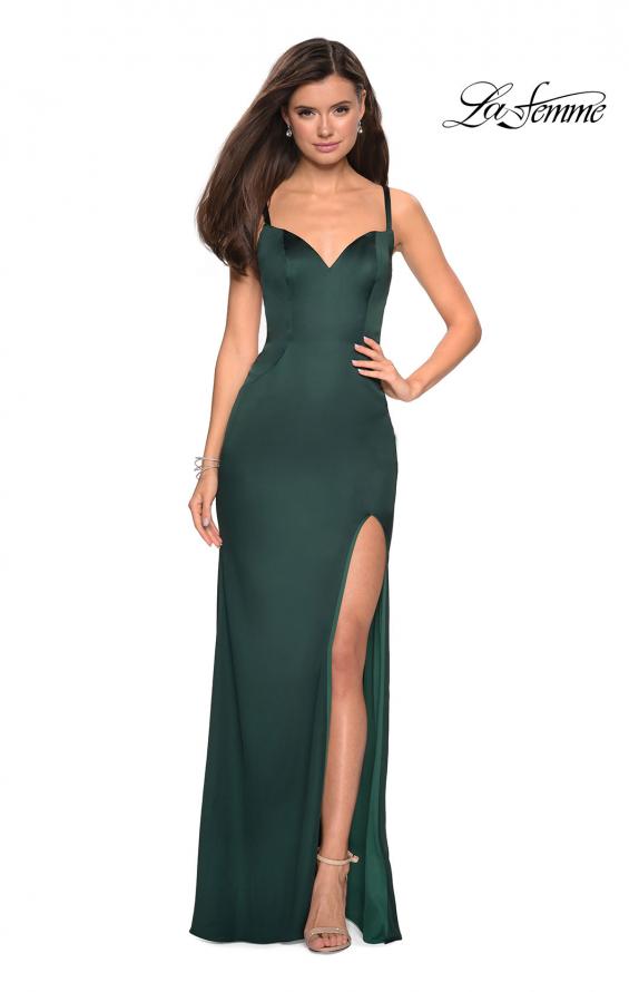 Picture of: Sultry Form Fitting Stretch Satin Dress with Leg Slit in Emerald, Style: 27617, Detail Picture 4