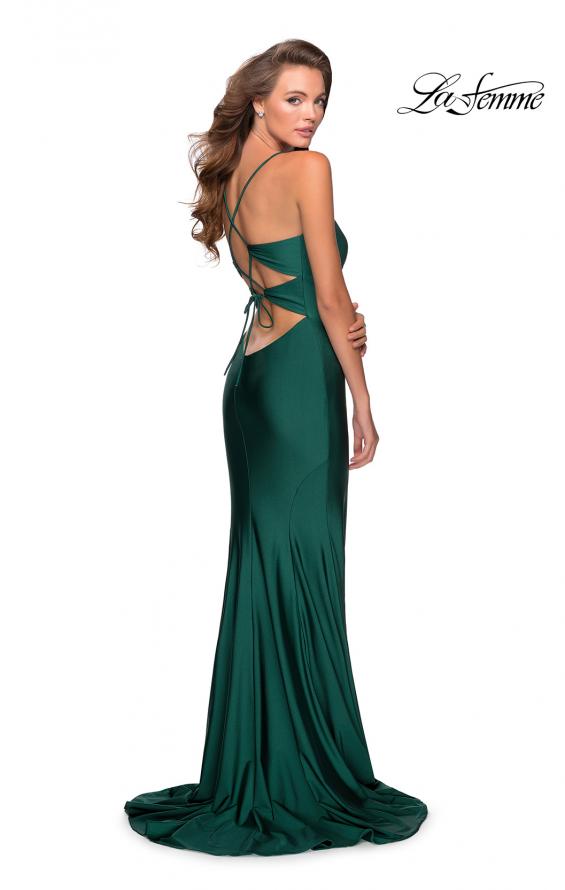 Picture of: Empire Waist Jersey Dress with Lace Up Back in Emerald, Style: 28584, Detail Picture 4