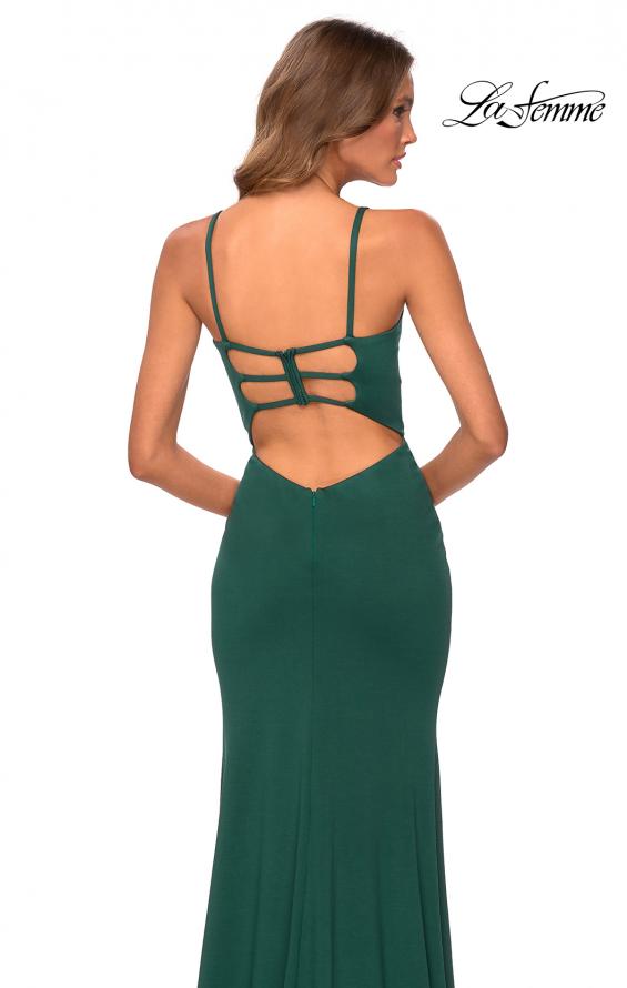 Picture of: Jersey Prom Gown with Lace Up Back and Slit in Emerald, Style: 28653, Detail Picture 4