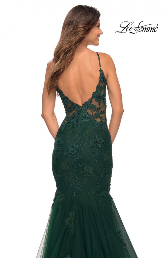 Picture of: Tulle and Lace Mermaid Gown in Jewel Tones in Emerald, Detail Picture 4