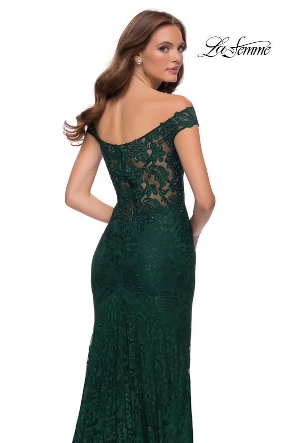Picture of: Lace Off the Shoulder Gown with Deep V Neckline in Emerald, Style 29693, Detail Picture 4