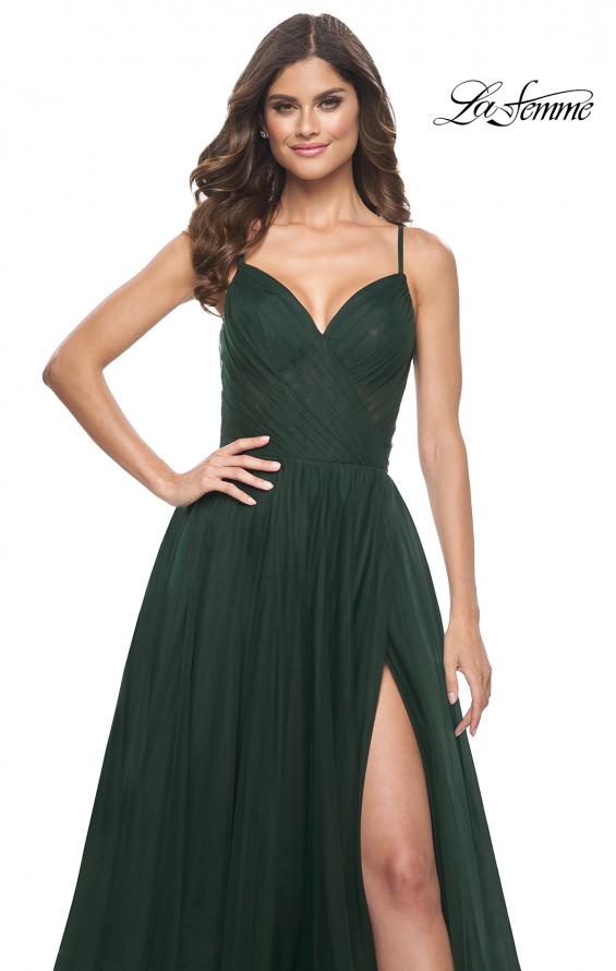Picture of: Simple Tulle A-LIne Prom Dress with Ruched Illusion Bodice in Emerald, Style: 32130, Detail Picture 5