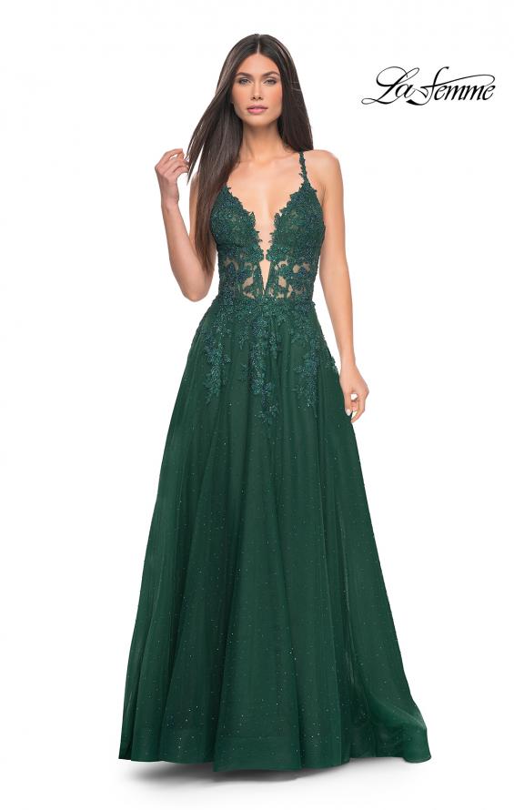 Picture of: Lace Embellished A-line Dress with Lace Up Back in Emerald, Style: 32147, Detail Picture 5