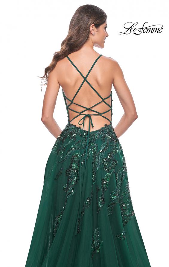 Picture of: Fabulous A-Line Gown Embellished with Sequin Beaded Applique in Jewel Tones in Emerald, Style: 32346, Detail Picture 5