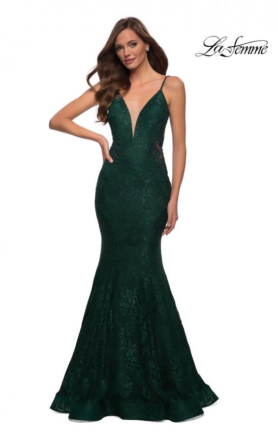 Picture of: Long Mermaid Lace Dress with Back Rhinestone Detail in Emerald, Style: 28355, Detail Picture 6