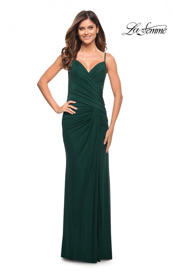 Picture of: Net Jersey Long Ruched Gown with Slit and Open Back in Emerald, Style: 30393, Detail Picture 6