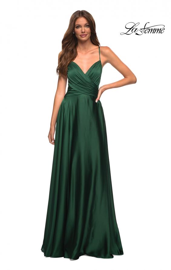 Picture of: Satin Jewel Tone Gown with Criss-Cross Ruched Top in Green, Style: 30512, Detail Picture 6
