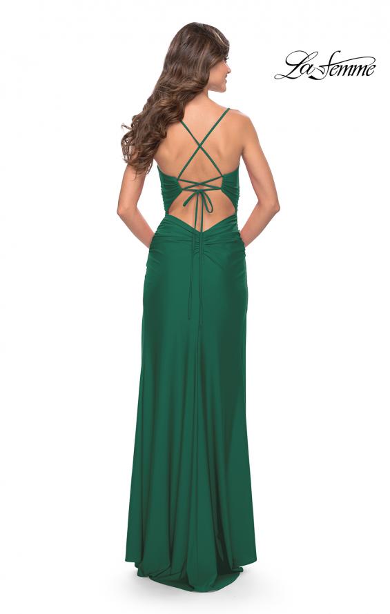 Picture of: Ruched Deep V Dress with Trendy High Slit in Emerald, Style: 31127, Style: 31127