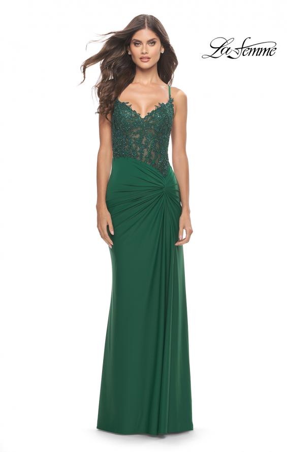 Picture of: Lace Asymmetrical Gown with Jersey Skirt and Twist Knot Detail in Emerald, Style: 31520, Detail Picture 6