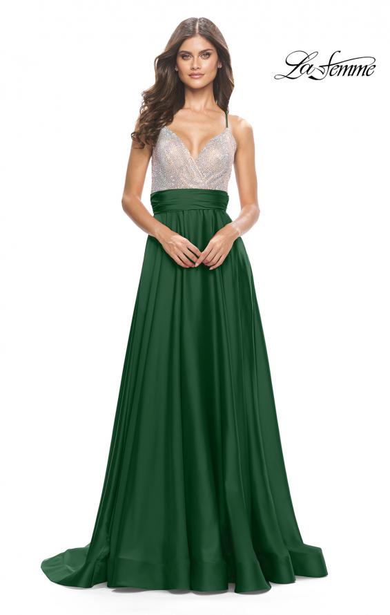Picture of: Satin Gown with Sheer Rhinestone Bodice in Emerald, Style: 31592, Detail Picture 6