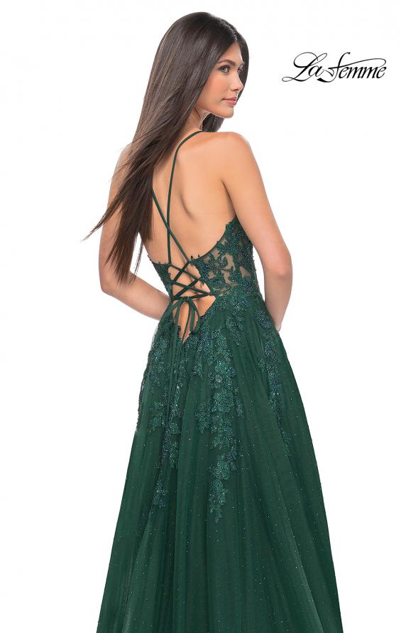 Picture of: Lace Embellished A-line Dress with Lace Up Back in Emerald, Style: 32147, Detail Picture 6