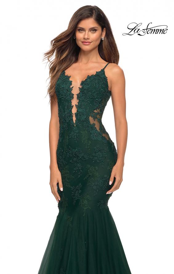 Picture of: Tulle and Lace Mermaid Gown in Jewel Tones in Emerald, Detail Picture 7