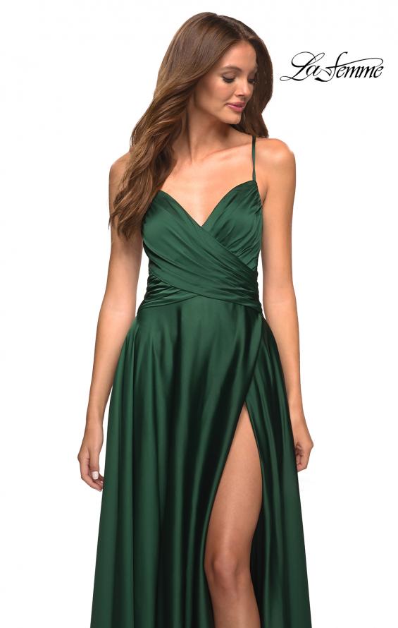 Picture of: Satin Jewel Tone Gown with Criss-Cross Ruched Top in Green, Style: 30512, Detail Picture 7