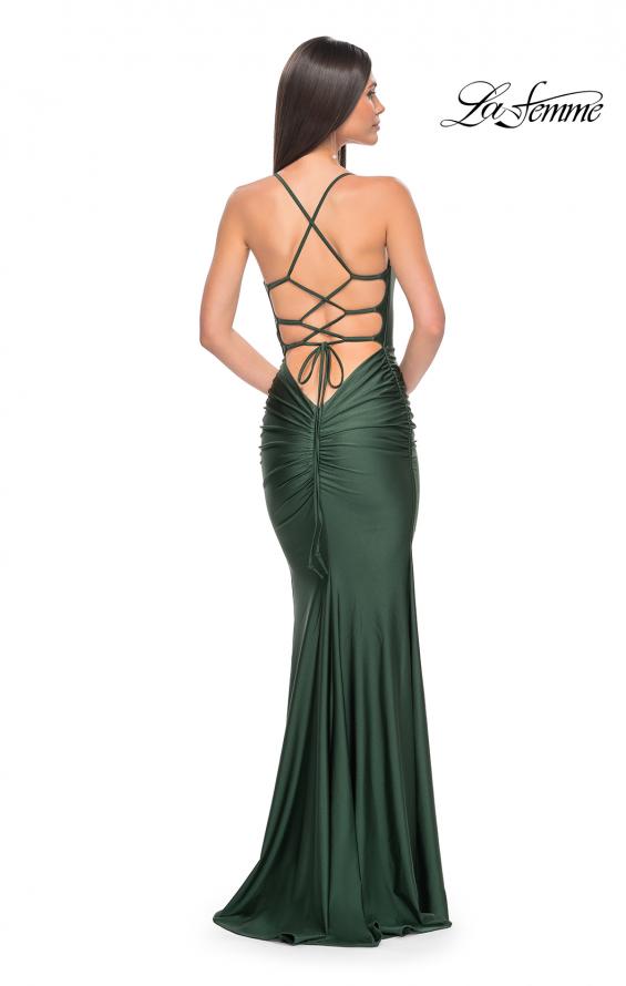 Picture of: Fitted Long Jersey Prom Dress with Ruching and Lace Up Back in Emerald, Style: 31618, Detail Picture 7
