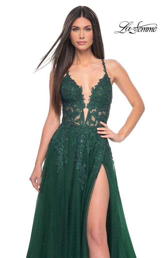 Picture of: Lace Embellished A-line Dress with Lace Up Back in Emerald, Style: 32147, Detail Picture 7