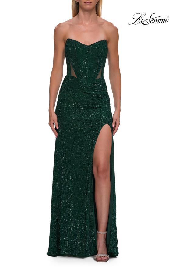 Picture of: Strapless Rhinestone Gown with Sheer Cutouts, Lace-Up Back, and High Slit in Emerald, Style: 33327, Detail Picture 7