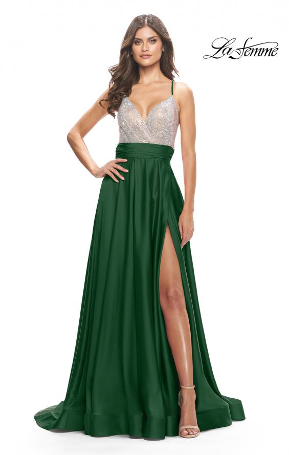 Picture of: Satin Gown with Sheer Rhinestone Bodice in Emerlad, Style: 31592, Detail Picture 2