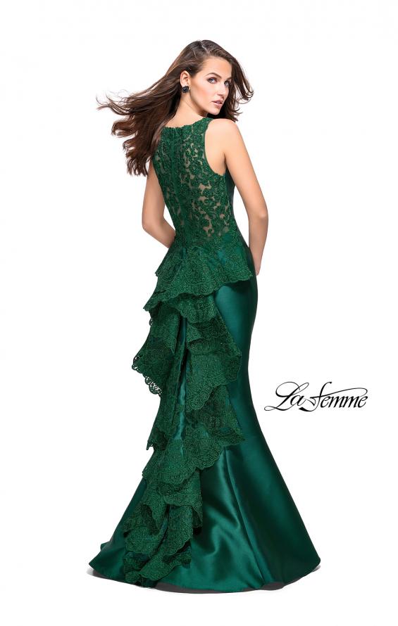 Picture of: Long Mermaid Gown with Lace Back and Ruffles in Forest Green, Style: 26217, Main Picture
