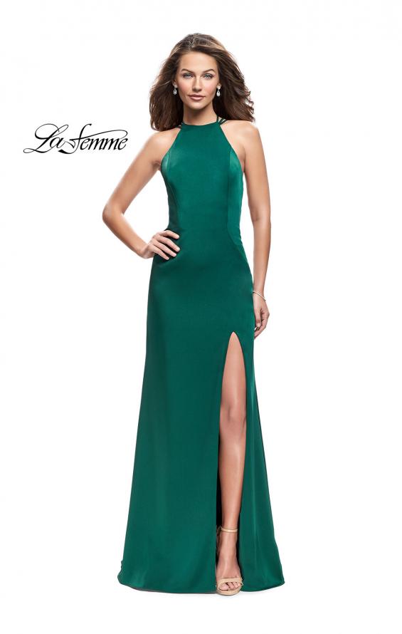Picture of: Long Satin Halter Prom Dress with Criss Cross Back in Forest Green, Style: 25439, Back Picture