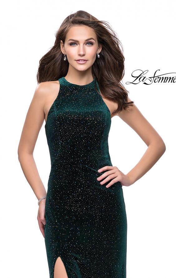 Picture of: Long Sparkling Velvet Prom Dress with Open Racer Back in Forest Green, Style: 25517, Back Picture