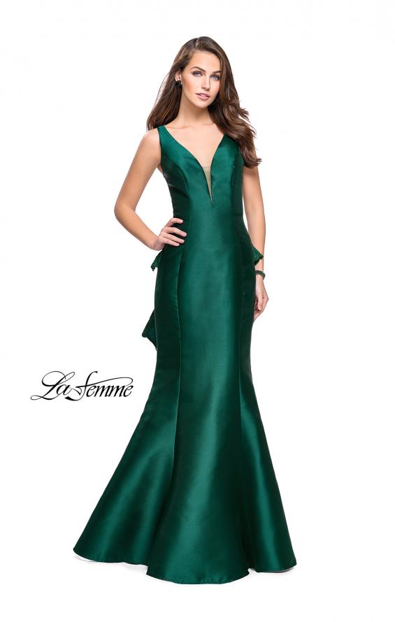 Picture of: Long Mermaid Gown with Lace Back and Ruffles in Forest Green, Style: 26217, Back Picture