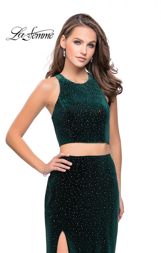 Picture of: Two Piece Velvet Prom Dress with Open Back and Leg Slit in Forest Green, Style: 25464, Detail Picture 1