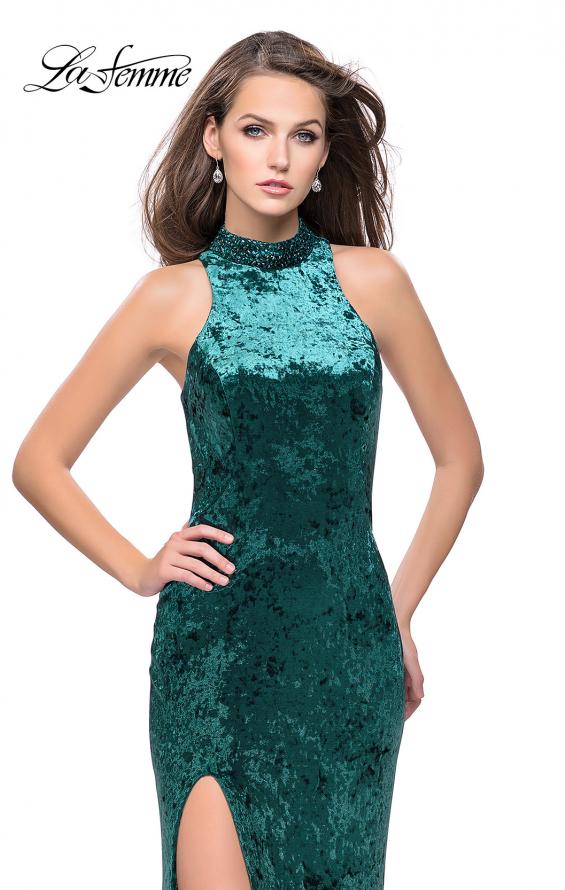 Picture of: Long Crushed Velvet Prom Dress with Beaded Choker in Forest Green, Style: 25783, Detail Picture 1