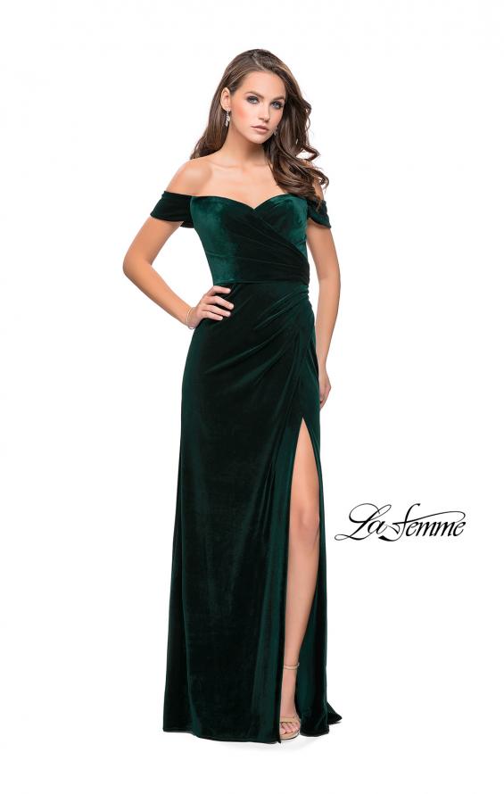 Picture of: Off the Shoulder Mermaid Gown with Strappy Back and Train in Forest Green, Style: 25213, Detail Picture 2