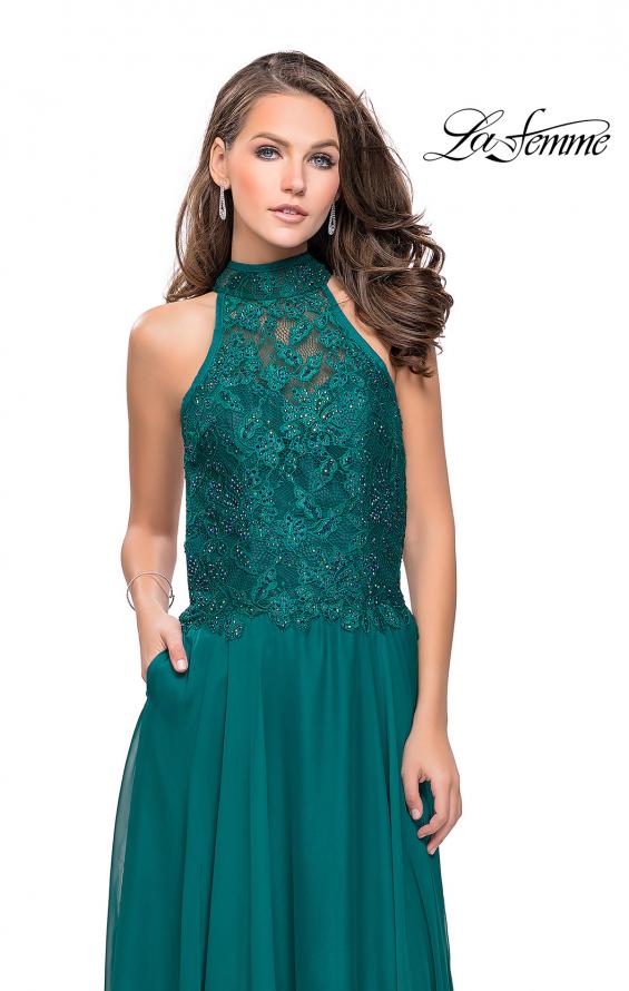 Picture of: Long A line Chiffon Dress with High Neck Lace Up Top in Forest Green, Style: 25355, Detail Picture 2