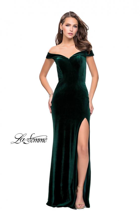 Picture of: Long Off the Shoulder Velvet Gown with Open Back in Forest Green, Style: 25400, Detail Picture 2