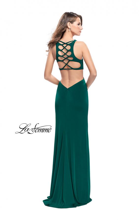 Picture of: Long Jersey Prom Dress with Lace Up Strappy Open Back in Forest Green, Style: 25504, Detail Picture 3